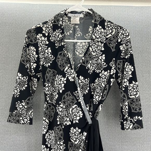 Vintage La Belle Black/White M Floral Midi Wrap Dress‎ 2/3 Sleeves Made In USA - Picture 2 of 11